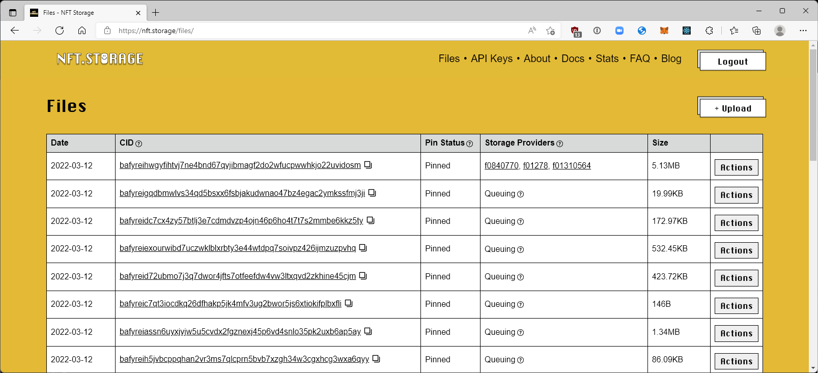 Screenshot of NFT.Storage file listing page, showing a table with an entry for each upload.